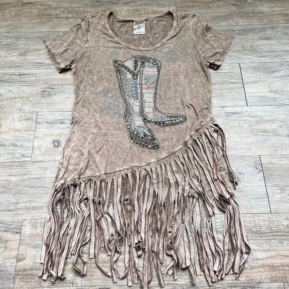 Vocal Tops - Vocal USA Cowboy Fringe Gem Top Western Rhinestone Boot Graphic Affliction M L